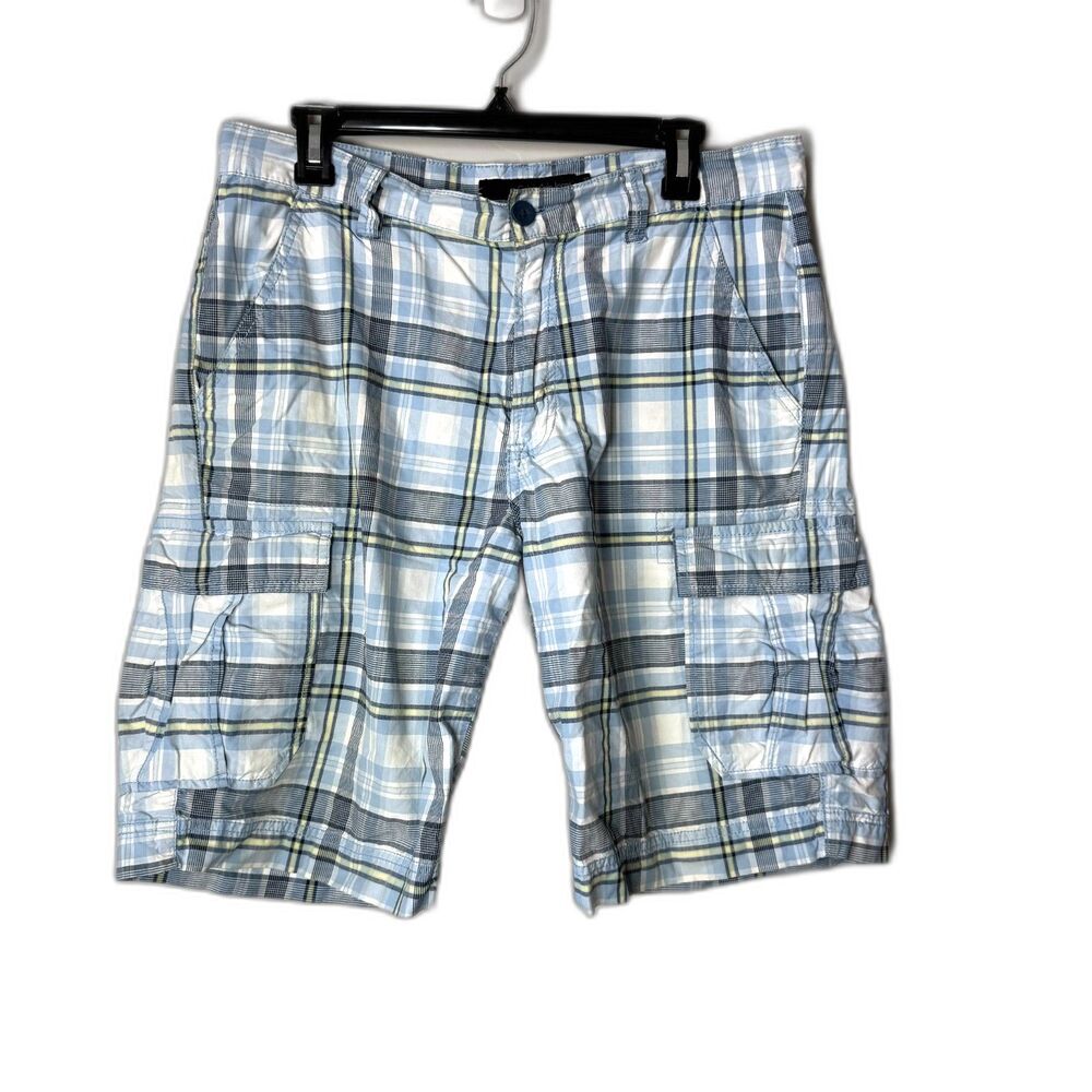 Calvin Klein Jeans Mens Plaid Cargo Shorts Size 32 Blue White Defect Flaw